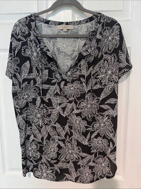 LOFT Floral V-Neck Short Sleeve Blouse